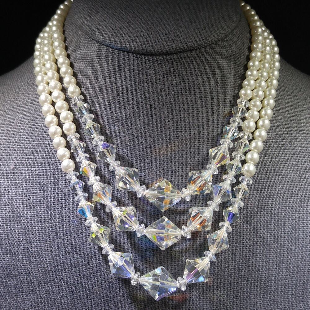 Faux Pearl AB Crystal Beaded Necklace, 3 Strands, 1950s Vintage Jewelry